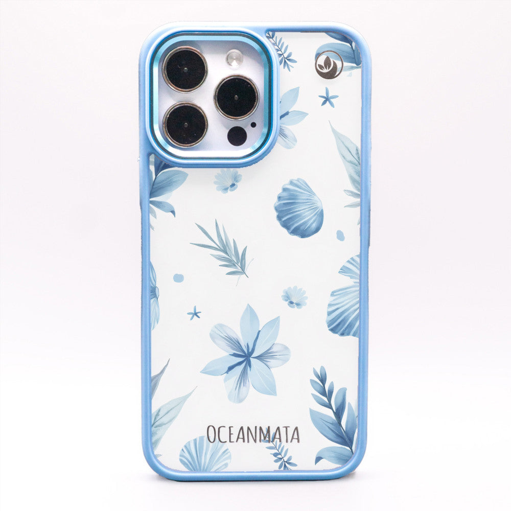 iPhone 15 pro hoesje - bloemenblauw - "Flowers & Shells" - duurzaam
