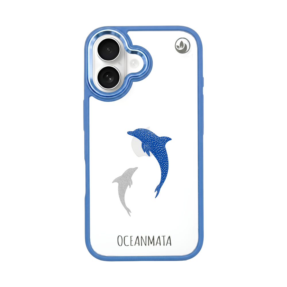 iPhone 16 hoesje - Dolfijnblauw - "Dolphin Twins" - Duurzaam