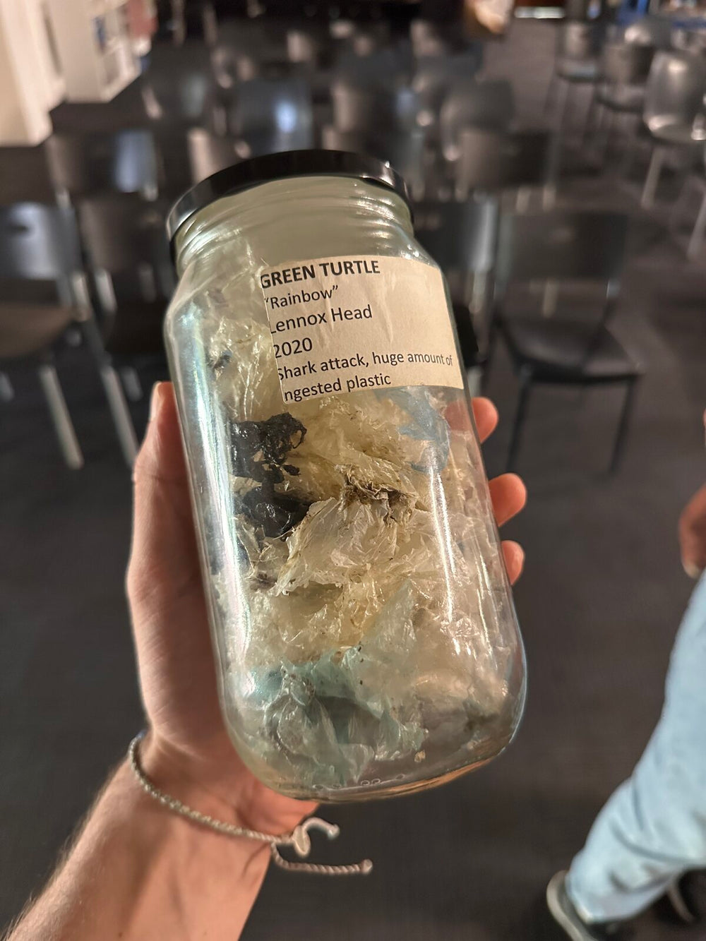 Glas mit Plastik aus dem Magen der Grünen Meeresschildkröte Rainbow, Lennox Head 2020